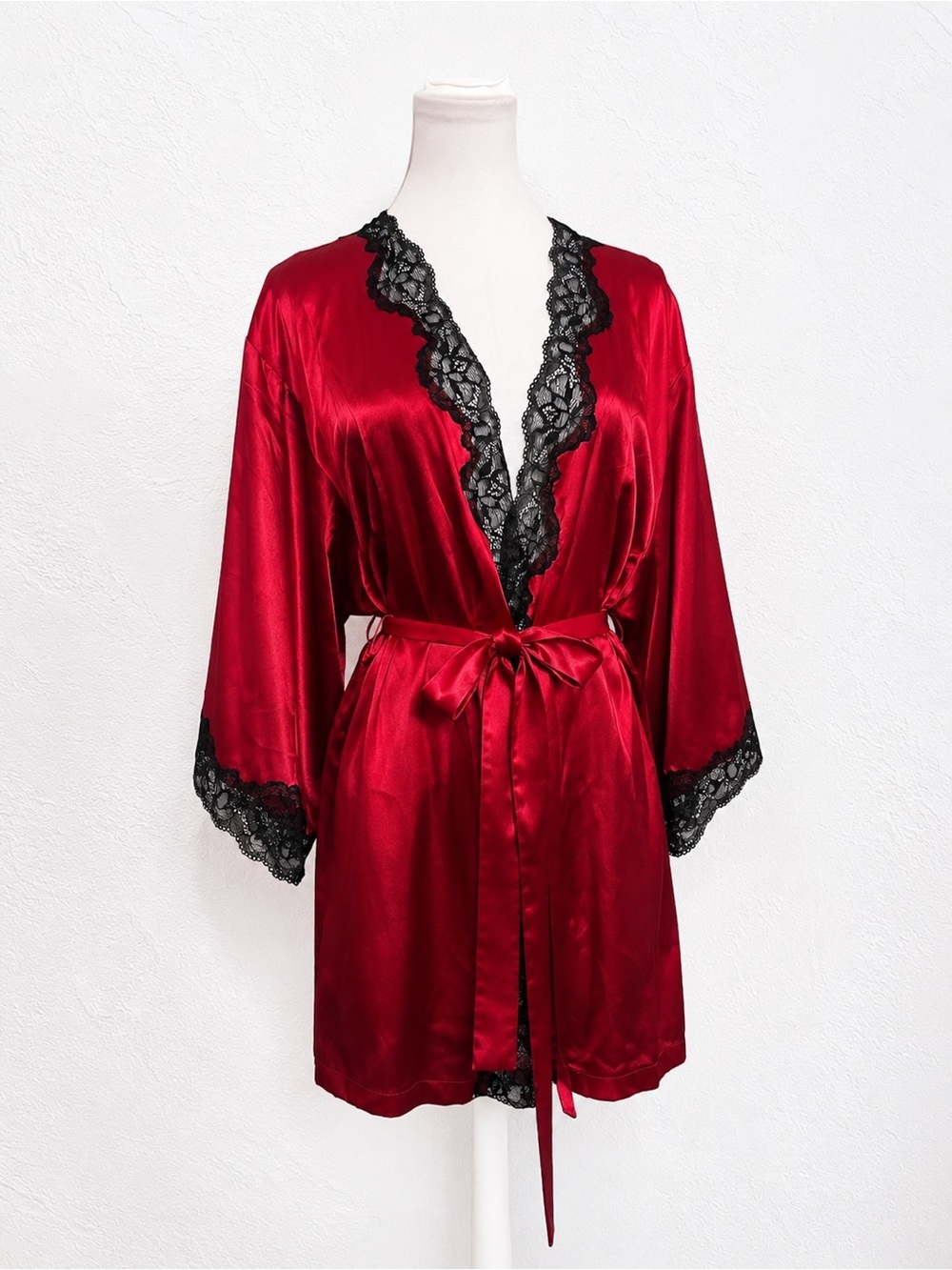 Red Satin Lace Trim Robe | Burgundy Kimono Style Lingerie Robe s/m